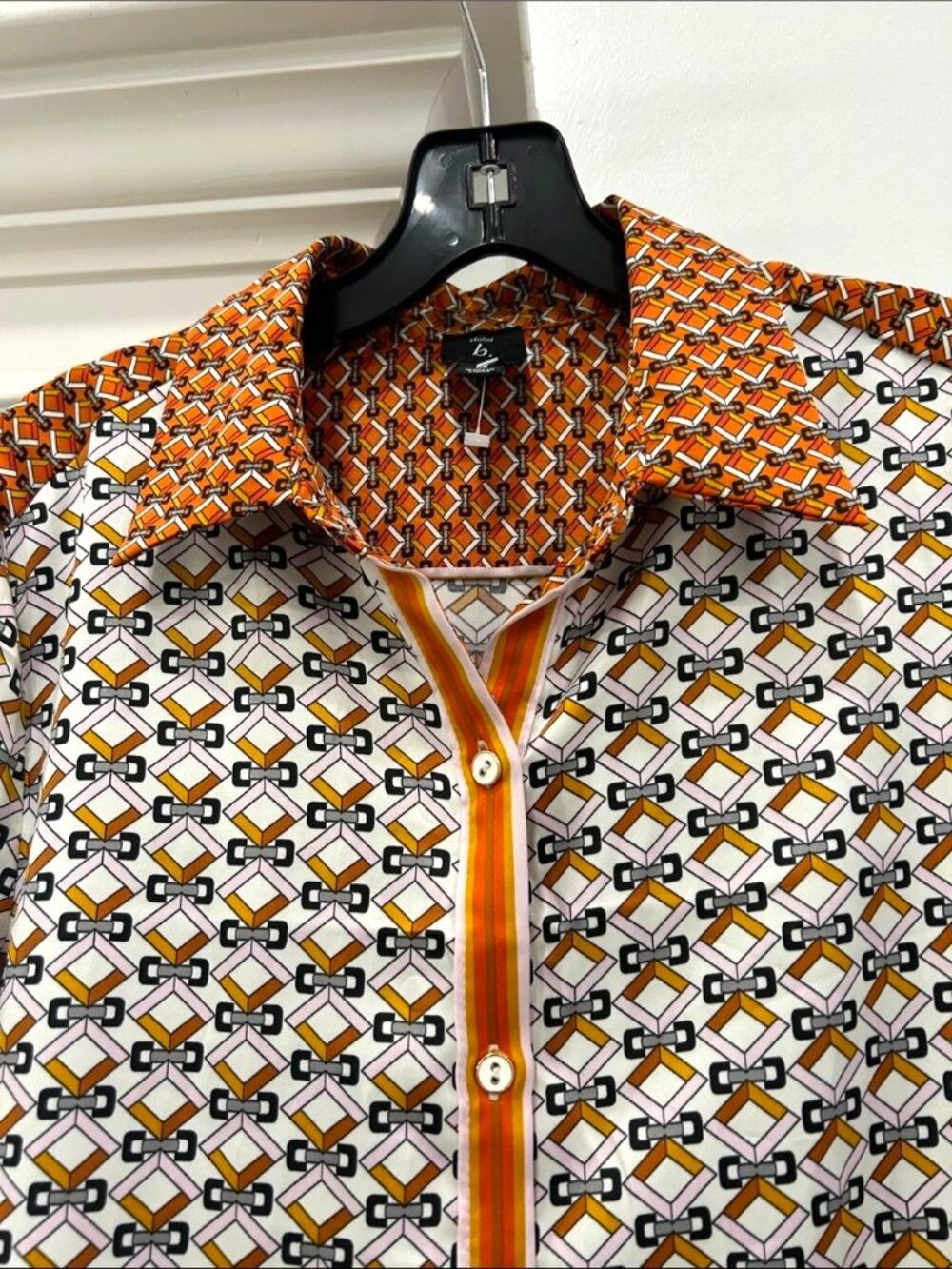 Casual Women's Geometric Button-Down Blouse Shirt - Brown/White/Orange - Picture 5 of 8